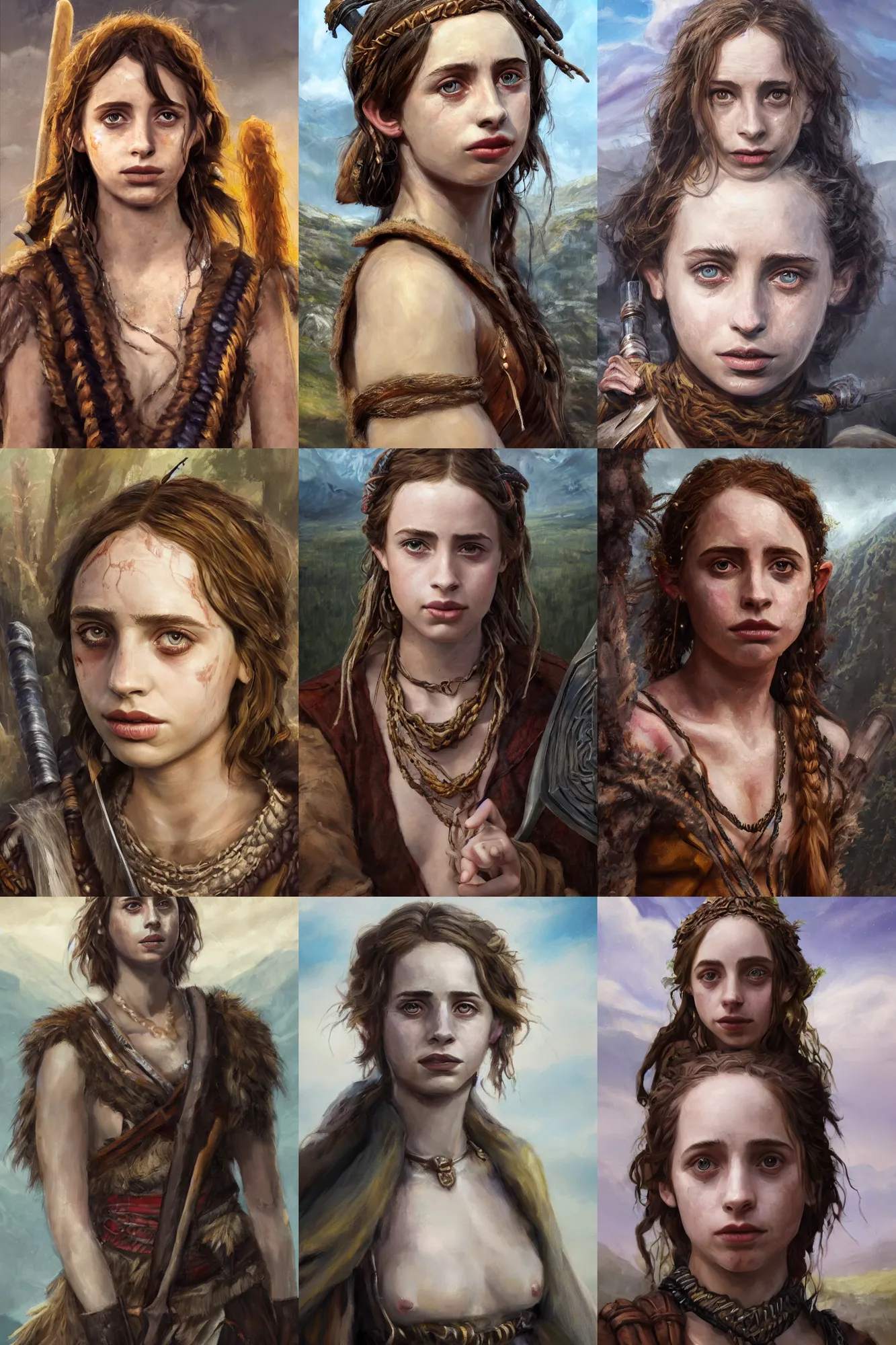 Image similar to a full body high detail fantasy portrait oil painting illustration of maya hawke as a beautiful young rugged stoic barbarian woman by justin sweet with face and body clearly visible, in a scenic background, pupils visible, realistic proportions, d & d, rpg, forgotten realms, artstation trending, high quality, sombre mood, artstation trending, muted colours, entire person visible!