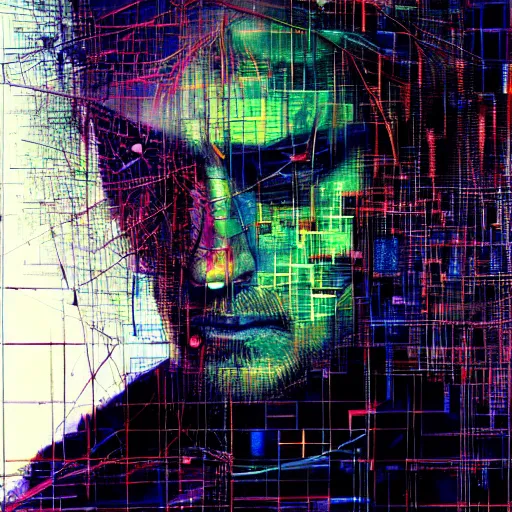 Prompt: hyperrealistic portrait of a cyberpunk man, young, medium hair, immersed within a network, by Guy Denning, Johannes Itten, Derek Gores, Russ Mills, glitch art, hyper focus, fine detail, polished, complex, hacking effects, holographic, digital tech effects, color blocking!, realistic, acrylic on canvas, concept art, abstract!, symmetrical, 8k, concept art, octane, cgsociety, trending on artstation