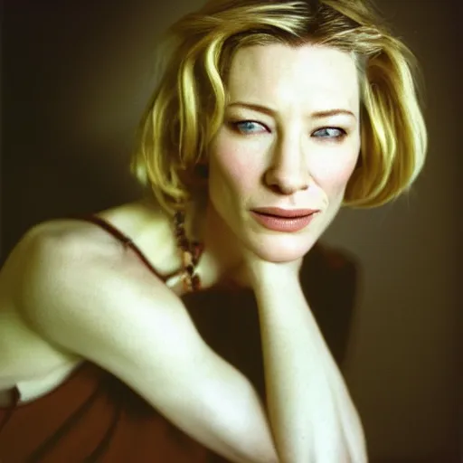 Image similar to very detailed and textured portrait of cate blanchett in 1999, by Steve McCurry, cinestill 800t 18mm 4k