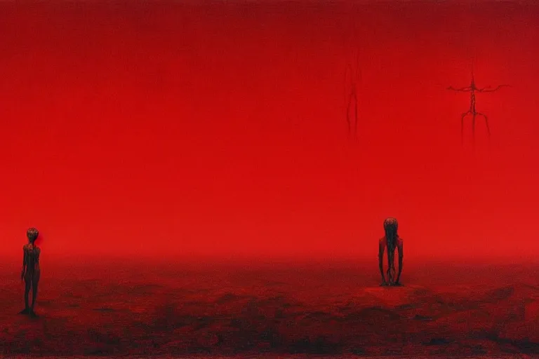 Image similar to only with red, red god of death eat apple, a futuristic city on mars in the background, red worms on the floor, in the style of beksinski, part by hopper, part by rodcenko, part by hofbauer, intricate composition, red by caravaggio, insanely quality, highly detailed, masterpiece, red light, artstation, 8 k