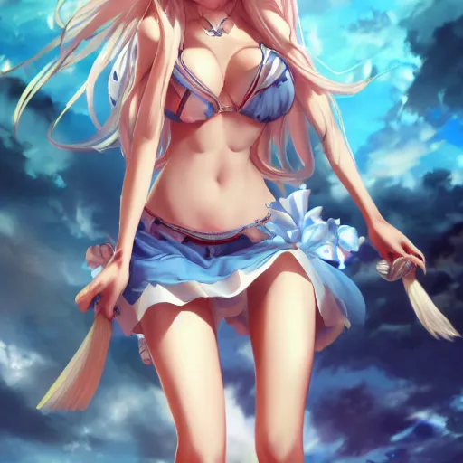 Image similar to a very beautiful mature yuuki asuna, full body, long wavy blond hair, sky blue eyes, full round face, bikini, miniskirt, front view, mid - shot, cute pose, highly detailed, cinematic wallpaper by stanley artgerm lau
