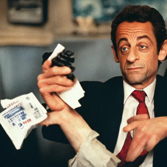 Image similar to movie still of one Nicolas Sarkozy with cocaine and bank notes in Scarface, cinestill 800t 18mm heavy grain, 70s movie