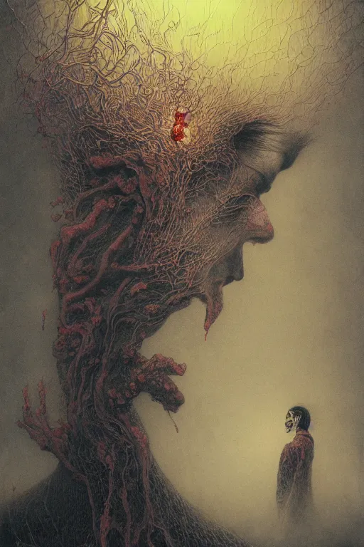 Image similar to 中 元 节, 中 国 鬼 节, king of hell, inside page of comic book, psychedelic lights and fog, in the style of zdzislaw beksinski, ayami kojima, takato yamamoto, barclay shaw, karol bak, glowing light and shadow, hyperrealist, 8 k