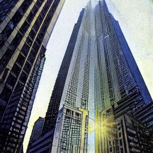 Prompt: an urban skyscraper by norman rockwell, tight shot, morning sun