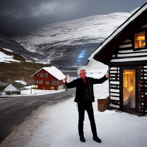 Prompt: Jonas Gahr Støre powering Norwegian village by shooting lightning out of his hands, glowing eyes