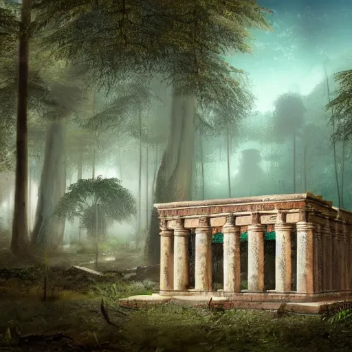 Image similar to roman structure in the forest, epic retrowave art, trending on art station