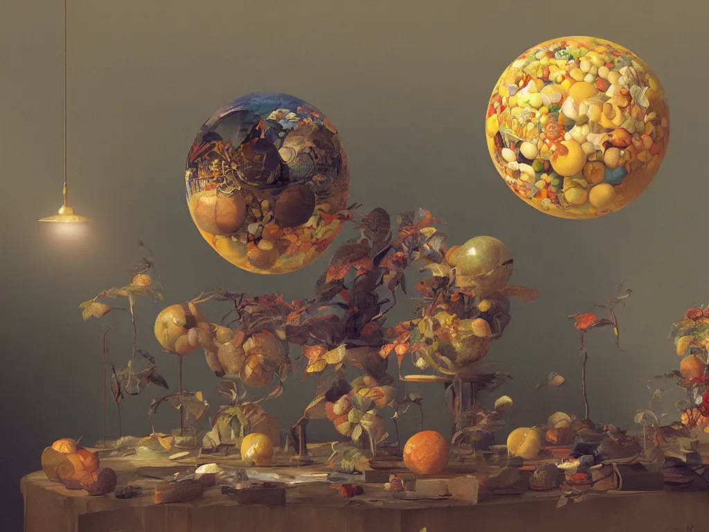 Image similar to 3 d render, sunlight study, the universe is a spheroid region 7 0 5 meters in diameter, art nouveau, by cornelis de heem and ( ( ( ( ( lisa frank ) ) ) ) ), 8 k, sharp focus, octane render