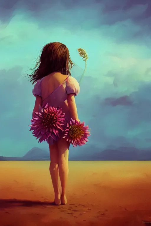 Image similar to closeup giant dahlia flower head, girl standing on beach, surreal photography, blue sky, sunrise, dramatic light, impressionist painting, digital painting, artstation, simon stalenhag