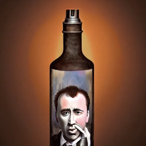 Image similar to Drinking from bottle Nicolas Cage in liquid form, Surrealism, Surreal drawing, Digital art, from artstation, art by Salvador Dali