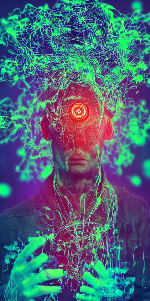 Image similar to man becomes controlled by a smartphone he gazes at while he played like a marionette, puppet, intricate complexity, horror, psychedelic glitch art, rainbow drip paint, trending on art station, photoreal, 8k, octane render