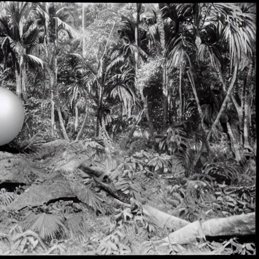 Prompt: a rizom lost film footage of a ( ( ( ( ( ( ( ( sphere ) ) ) ) ) ) ) ) in the middle of the tropical jungle / tropicalism / film still / cinematic / enhanced / 1 9 2 0 s / black and white / grain