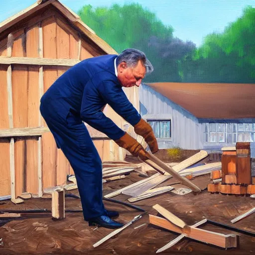 Prompt: viktor orban building a house, oil painting