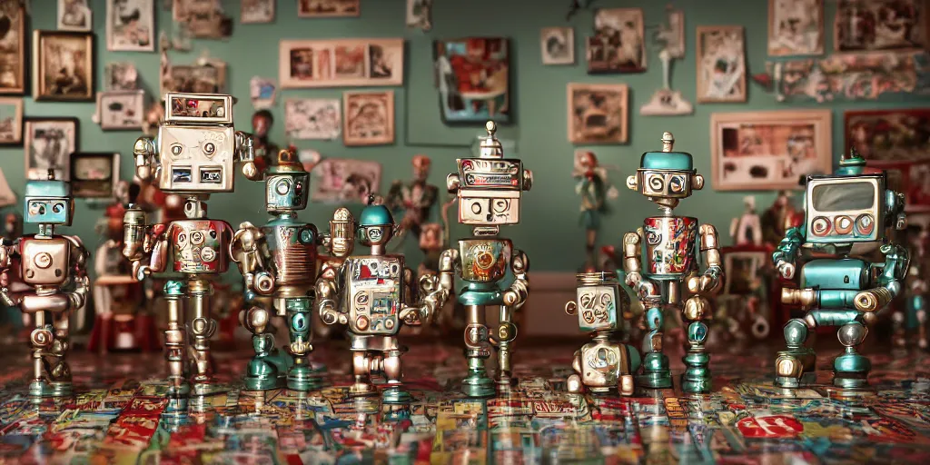 Image similar to closeup portrait of tin toy soldiers retro living room of robot family, depth of field, zeiss lens, detailed, centered, fashion photoshoot, by nicoletta ceccoli, mark ryden, lostfish, breathtaking, 8 k resolution, extremely detailed, beautiful, establishing shot, artistic, hyperrealistic, octane render, - h 8 0 4