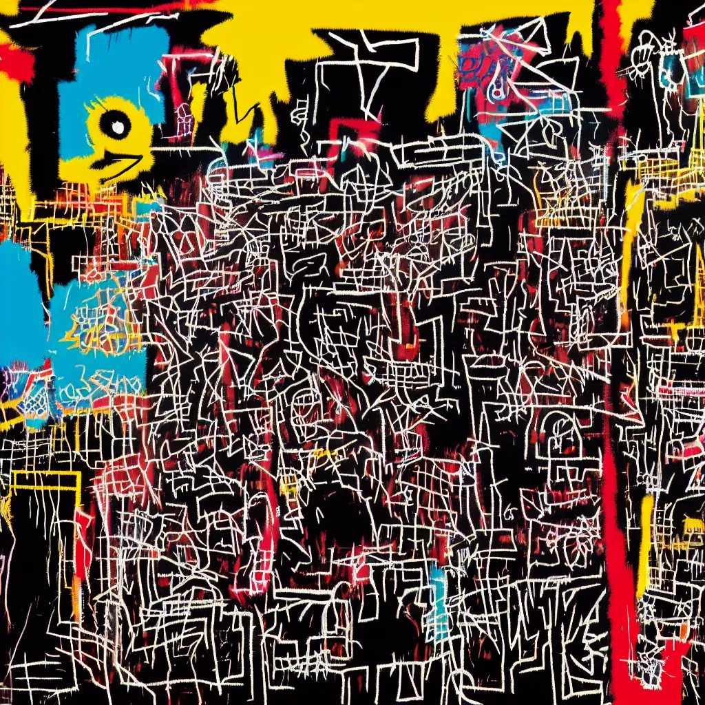 Image similar to punk rock cover, multilayer glitch effect in spatial perceptron synapses, matte painting, 4 k, epic composition, volumetric light, abstract illusionism, by jean - michel basquiat