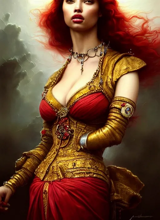 Prompt: a beautiful woman with baroque dress, red hair, gold necklace adorned with sapphires, adriana lima, painted by artgerm and tom bagshaw, by rembrandt fantasy art, dramatic lighting, highly detailed oil painting