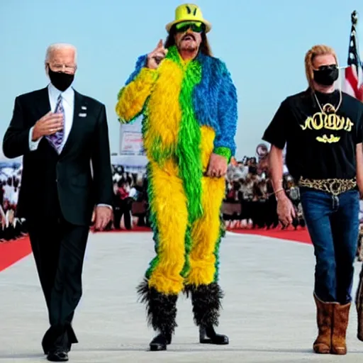 Image similar to Kid Rock wearing an eagle costume supplexing President Biden dressed like the Ultimate Warrior