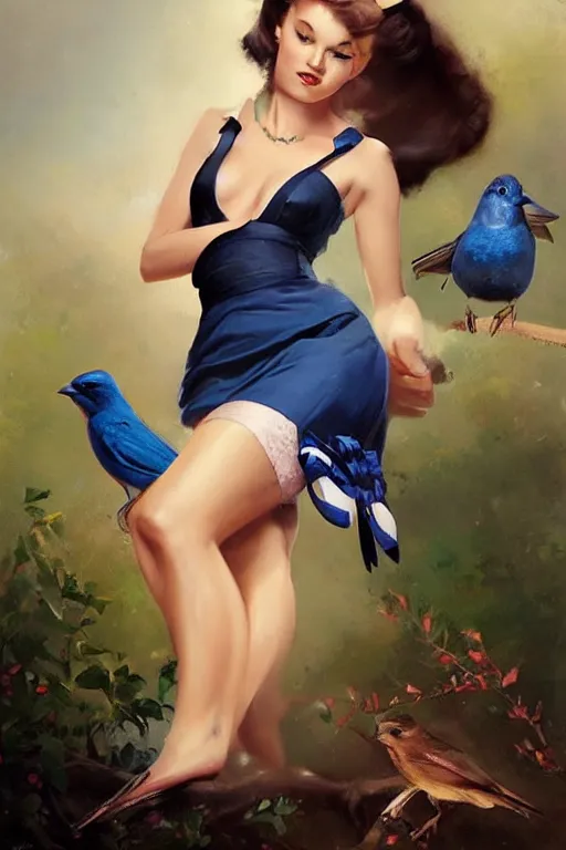 Prompt: hyper realistic painting, tasteful pinup girl holding an indigo bunting, bird, the bird is wearing a bowtie, by greg rutkowski, rossdraws, gil elvgren, enoch bolles, anime, porcelain glistening skin, very coherent