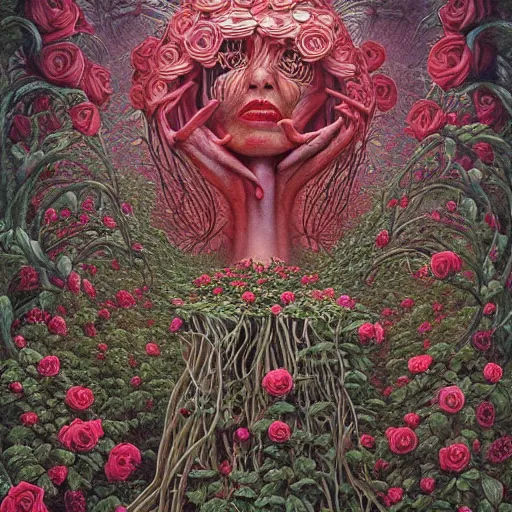 Image similar to the queen of vines and roses by jacek yerka, alex gray, zdzisław beksiński, dariusz zawadzki, jeffrey smith and h.r. giger, oil on canvas, 8k highly professionally detailed, trending on artstation