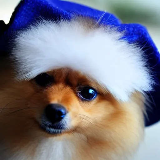 Prompt: close - up of a pomeranian wearing a a hat that reads women want me fish fear me, high resolution photo