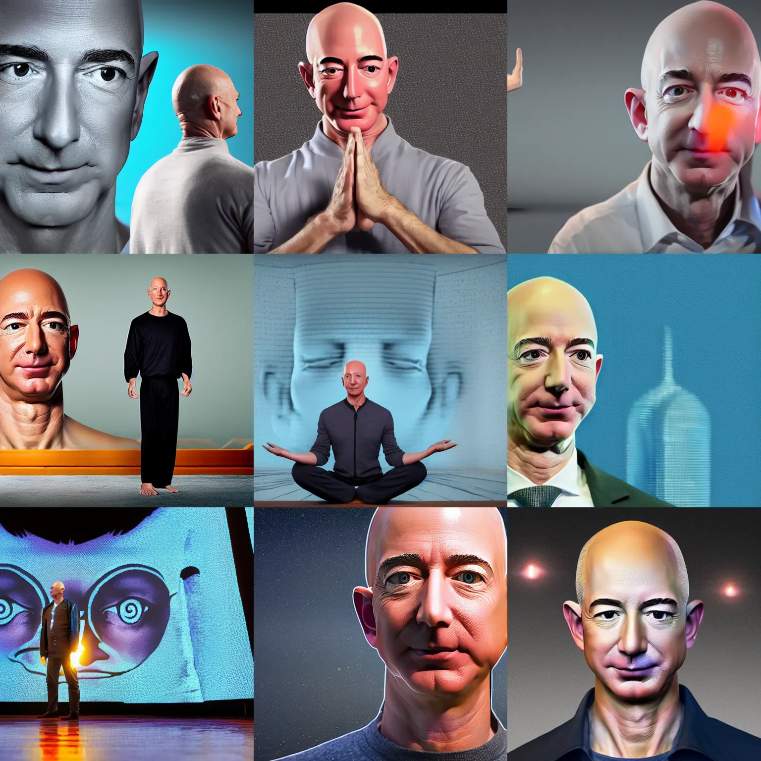 Prompt: beeple render of jeff bezos as a zen yoga master. underpaid workers do yoga in front of him. a giant projected image of jeff bezos is visible on the distant, far wall, orwellian in tone with'namaste'written beneath. 4 k, beeple, rendered in octane, anticapitalist