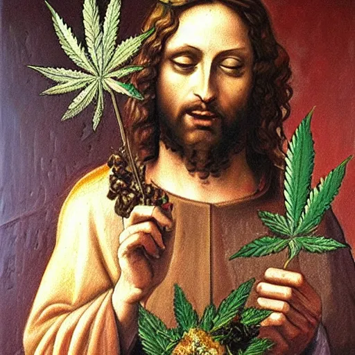 Image similar to an impasto oild painting of jesus holding a cannabis flowers painted by leonadro da vinci, rennaissance painting, high detailed oil painting, masterpiece, artstation