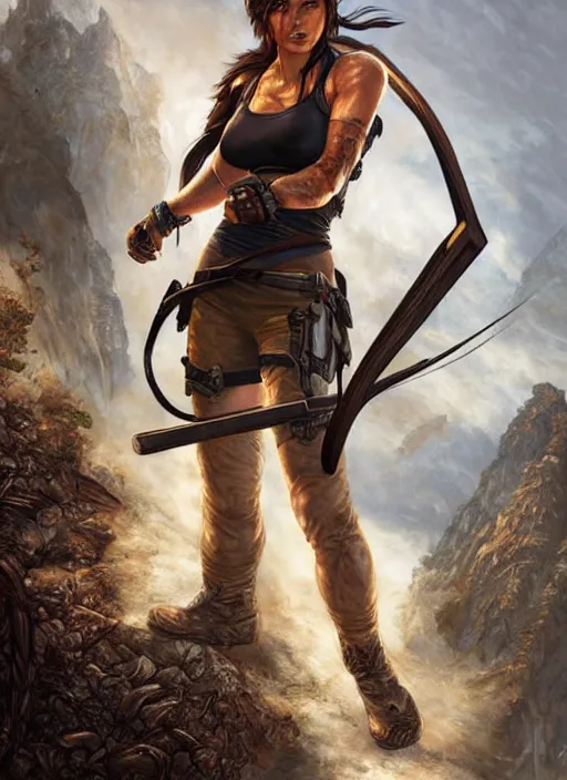 Image similar to Lara Croft as Tomb raider, intricate details, art by Artgerm and Karol Bak