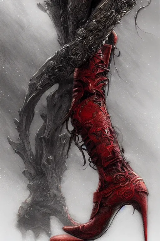 Image similar to red women's boots, by wlop, by luis royo, by peter mohrbacher, concept art, digital illustration, intricate, masterpiece, elegant, super detailed, unreal engine rendering, smooth, sharp focus, artstation hq