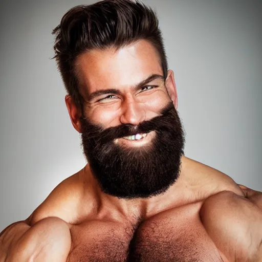 Image similar to Vivid color photography of a very muscular man smiling with a chiseled jawline and trimmed beard