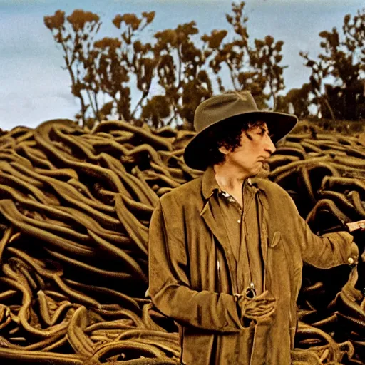 Prompt: bob dylan holding up bull kelp, gazing at it endearingly, photograph