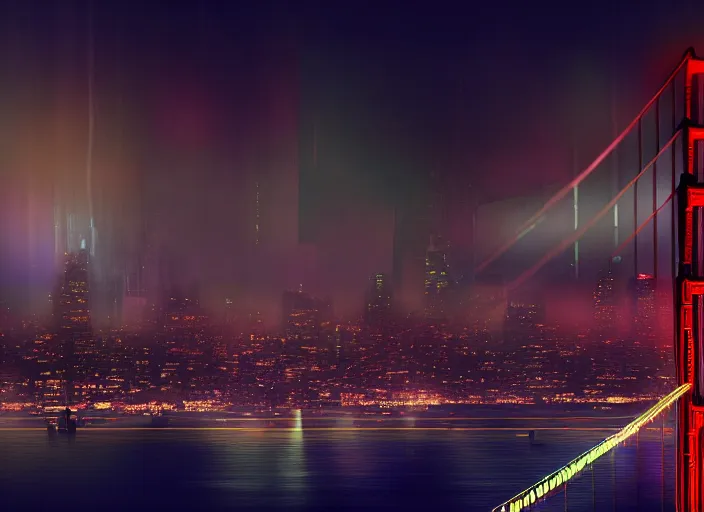 Image similar to cyberpunk scifi scene of san francsico skyline at night, golden gate bridge, artstation, matt painting, very detailed, maximalism, ambient occlusion, volumetric light, atmospheric haze, unreal engine, hyper realism, realistic shading, cinematic composition, realistic render, octane render, detailed textures, photorealistic, wide shot