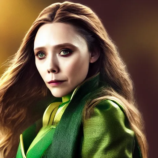 Prompt: Elizabeth Olsen as Loki, Elizabeth Olsen in Loki attire and makeup, photorealistic photography, trending on artstation, 4k, 8k