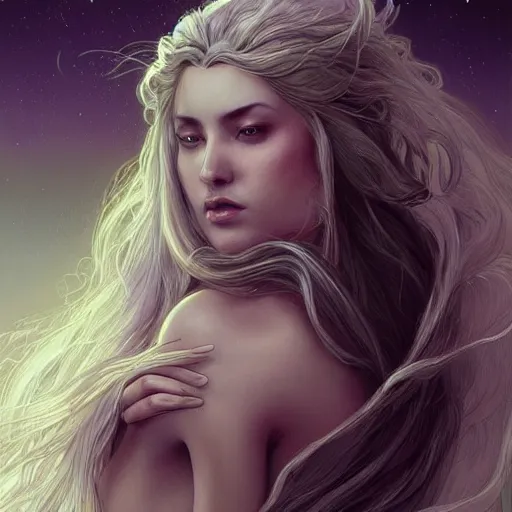 Image similar to epic portrait moon goddess, beauty, pretty face, glossy skin, long gray flowing hair, blurry backround pyramids, digital painting, artstation, concept art, soft light, hdri, smooth, sharp focus, illustration, fantasy, intricate, elegant, highly detailed, D&D, matte painting, in the style of Greg Rutkowski and Alphonse Mucha and artemisia, 8k, highly detailed, jurgens, rutkowski, bouguereau, pastoral, rustic, georgic