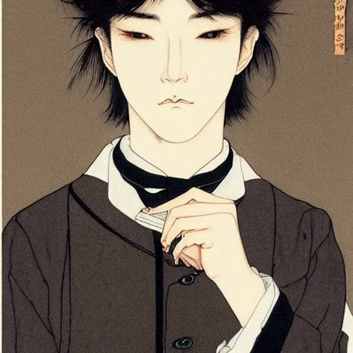 Image similar to painting of grumpy handsome beautiful man in his 2 0 s named min - jun in a french maid outfit, modern clothing, elegant, clear, painting, stylized, delicate facial features, soft, art, art by takato yamamoto and egon schiele combined