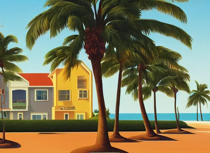 Image similar to houses near the beach, palm trees, 8 0's aesthetic, kenton nelson,