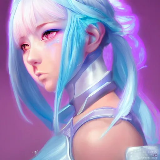 Prompt: art championship winner trending on artstation portrait of a goddess elven mecha warrior princess, head and shoulders, blue hair, matte print, pastel pink neon, cinematic highlights, lighting, digital art, cute freckles, digital painting, fan art, elegant, pixiv, by Ilya Kuvshinov, daily deviation, IAMAG, illustration collection aaaa updated watched premiere edition commission ✨✨✨ whilst watching fabulous artwork \ exactly your latest completed artwork discusses upon featured announces recommend achievement