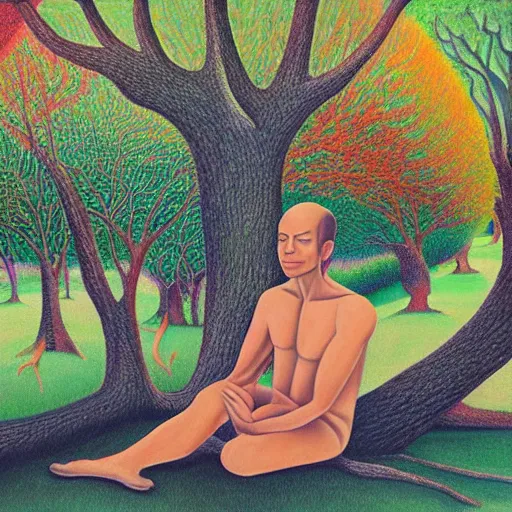 Prompt: painting of a peaceful man relaxing under a tree by alex grey, acrylic art, calm, soothing, cosy, elegant, soft light,