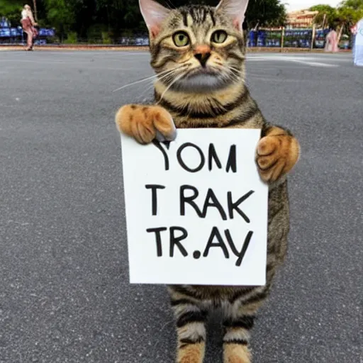 Image similar to a tabby cat holding a sign that says