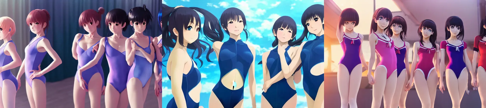 Prompt: unbelievably beautiful, perfect, epic 8 k hd anime shot, three j - pop idols av actresses in japanese girl band, posing together in leotards. soft volumetric light. by amagaitaro, makoto shinkai, krenz cushart, asao urata, pixiv