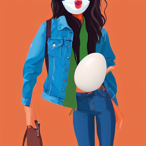 Prompt: woman with a egg mask wearing a flannel jacket and jeans, character design, digital art, stylised, 4 k