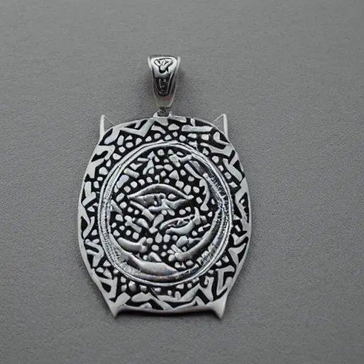 Image similar to amulet of wave inlaid in silver, on a young beautiful woman neck, realistic, clean,