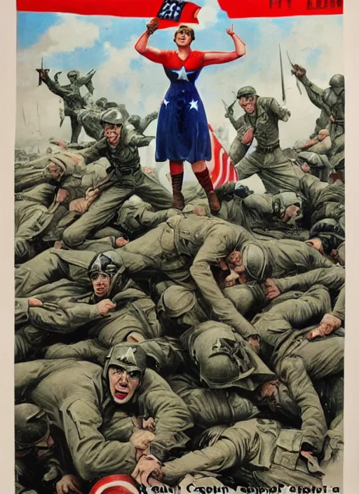 Image similar to female captain america standing on a pile of defeated german soldiers. female captain america wins wwii. american wwii propaganda poster by james gurney. ve day