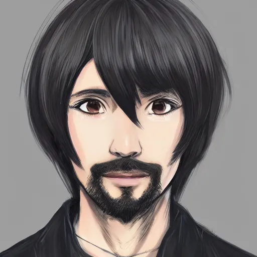 Image similar to Anime portrait of a man by Mahiro Maeda, he is about 30 years old, short black hair with bangs, his features are a mix between French, Turkish and Russian and he is wearing a beige and black utility jumpsuit, highly detailed portrait, digital painting, artstation, concept art, smooth, sharp foccus ilustration, Artstation HQ