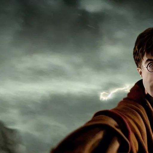 Image similar to Harry potter standing and holding a short wand, magic aura, side view, daniel radcliffe, thunderclouds, cinematic shot, wide shot, epic scale, waving robe movement, photorealistic detail and quality, intricate cobblestone, floating rocks, particle effects, movie still, nighttime, crescent moon, sharp and clear, action shot, intense scene, visually coherent, symmetry, rule of thirds, movement, photorealistic colors, cool colors transitioning to warm colors, modest tone, award winning, directed by Steven Spielberg, Christopher Nolan, Tooth Wu, Asher Duran, artstation