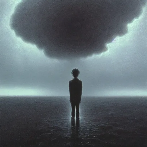 Image similar to killua zoldyck made by zdzisław beksinski, thunderstorm, 8 k, detailed, cinematic, rain, crying, black