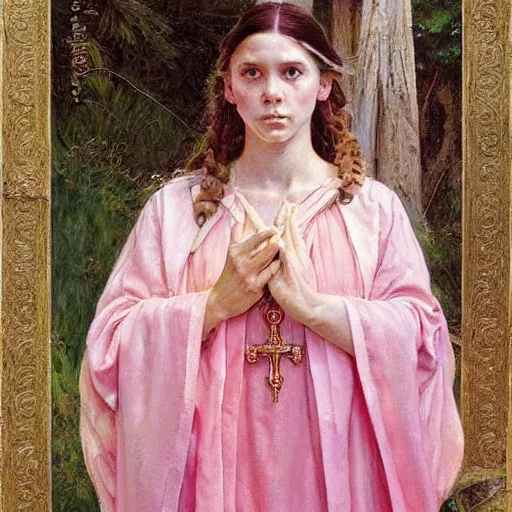 Image similar to a frontal portrait of a young priestess, dressed in white and pink, ( so happy, her face hurts ), by donato giancola and norman rockwell.