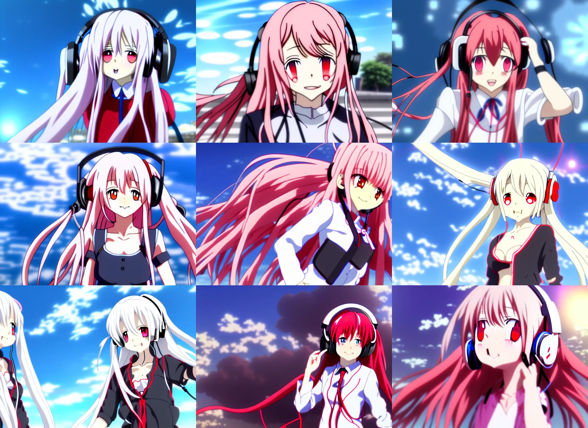 Prompt: anime film still of a long white haired red eyed cute girl wearing a headset, dynamic pose, pixiv