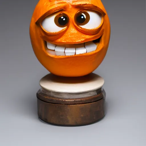 Image similar to a taxidermized annoying orange, in a museum, 8 5 mm lens, 7 0 mm entrance pupil diameter