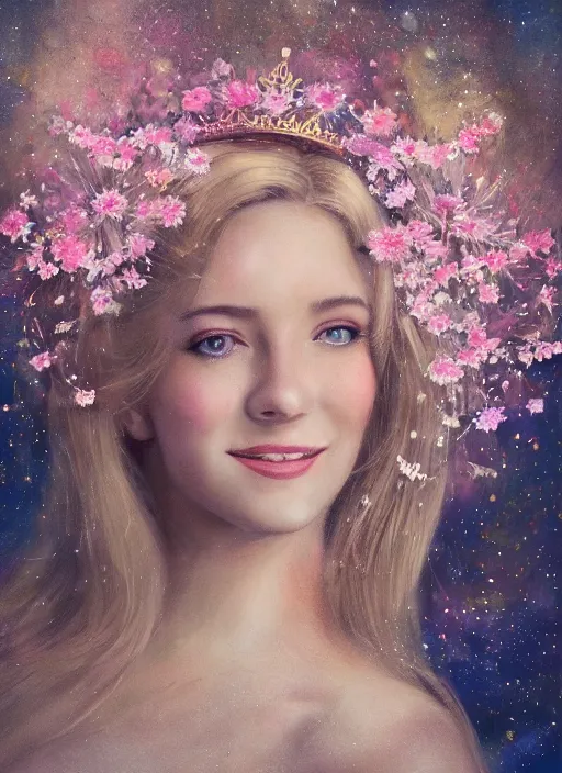 Prompt: portrait, close-up of a smiling beautiful female, blonde,, wearing a crown of daisies, beautiful happy face, ethereal, starry, space, magical atmosphere, maximalist, cinematic lighting, cinematic atmosphere, trending on artstation, cgsociety, 8k, high resolution, in the style of Faiza Maghni, David Ligare, Flora Borsi, Daniel Gerhartz, watercolor, dramatic lighting, cinematic, establishing shot, extremely high detail, foto realistic, cinematic lighting, pen and ink, intricate line drawings, by Yoshitaka Amano, Ruan Jia, Kentaro Miura, Artgerm, post processed, concept art, artstation, matte painting, style by eddie mendoza, raphael lacoste, alex ross