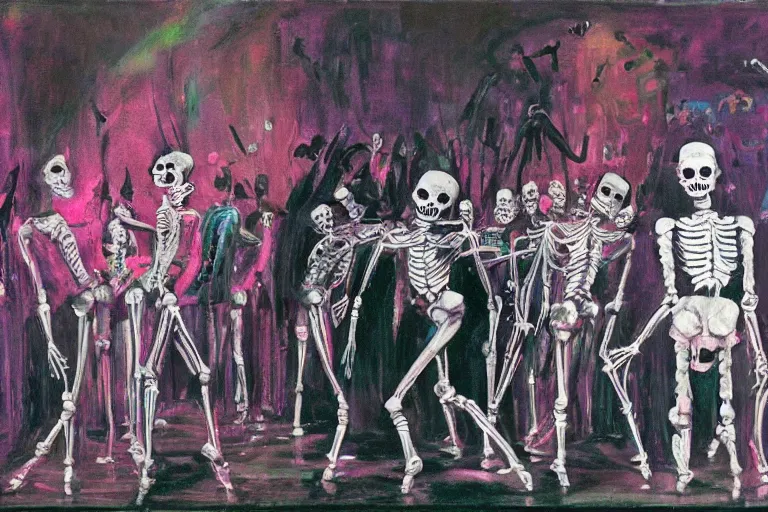 Image similar to scene from ballet, day of the dead, cyber skeletons, queen in black silk in the center, neon painting by otto dix