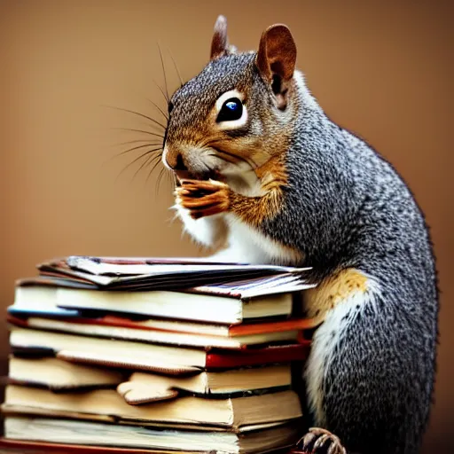 Image similar to photo - realistic picture of a squirrel holding a pen on top of a stack of books